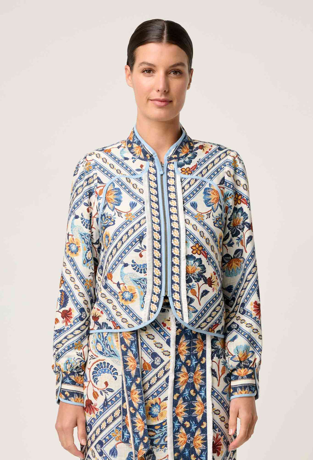 OnceWas Aurora Reversible Viscose & Tencel Fringe Jacket in Petinos Floros / Blue Ash