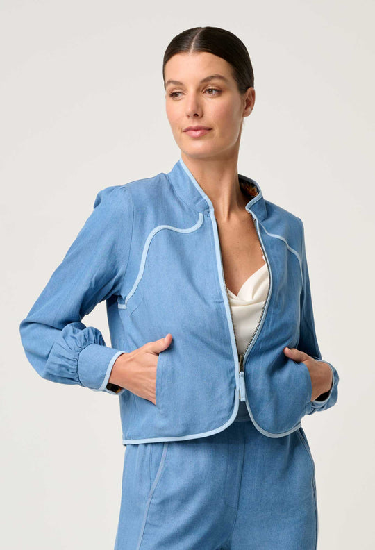 OnceWas Aurora Reversible Viscose & Tencel Fringe Jacket in Petinos Floros / Blue Ash