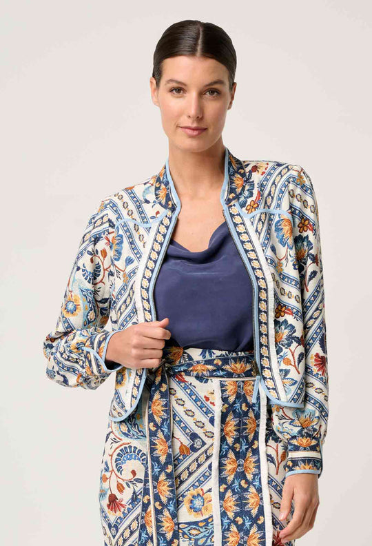 OnceWas Aurora Reversible Viscose & Tencel Fringe Jacket in Petinos Floros / Blue Ash
