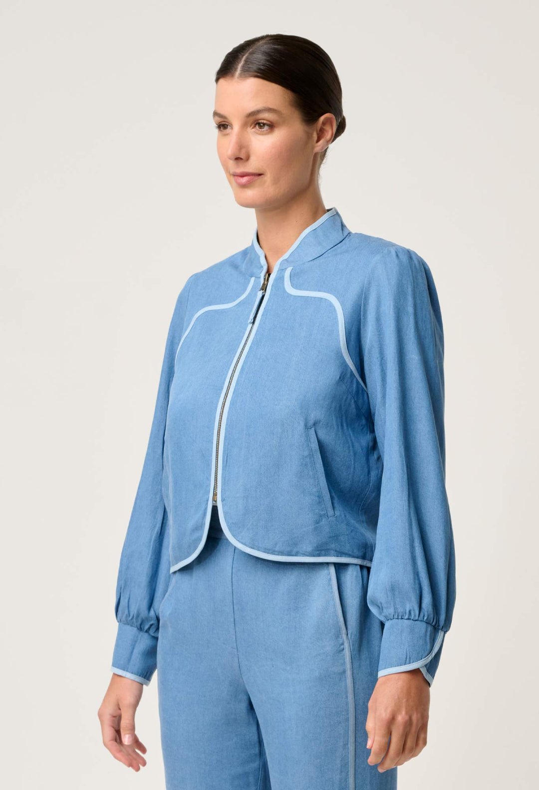OnceWas Aurora Reversible Viscose & Tencel Fringe Jacket in Petinos Floros / Blue Ash