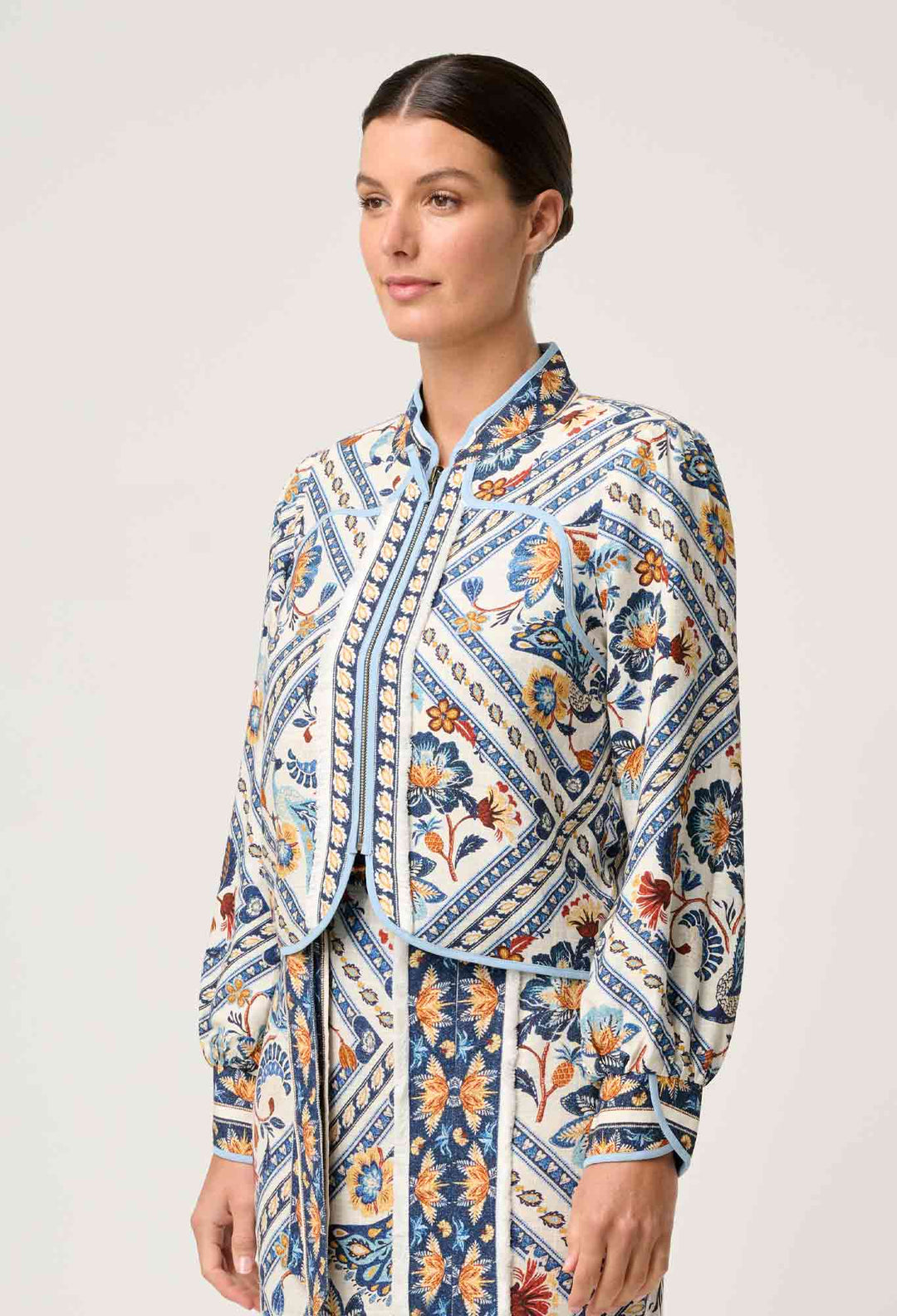 OnceWas Aurora Reversible Viscose & Tencel Fringe Jacket in Petinos Floros / Blue Ash
