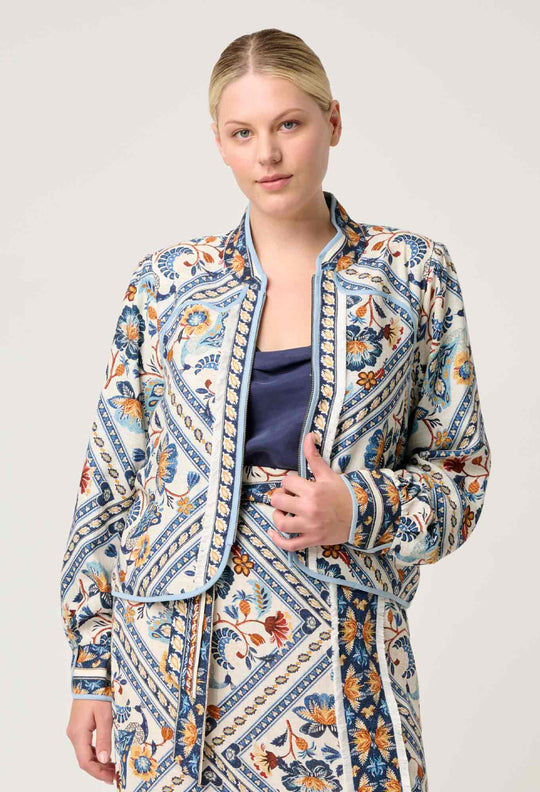 OnceWas Aurora Reversible Viscose & Tencel Fringe Jacket in Petinos Floros / Blue Ash