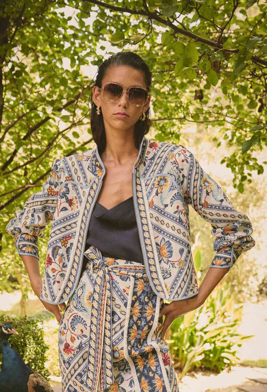 OnceWas Aurora Reversible Viscose & Tencel Fringe Jacket in Petinos Floros / Blue Ash