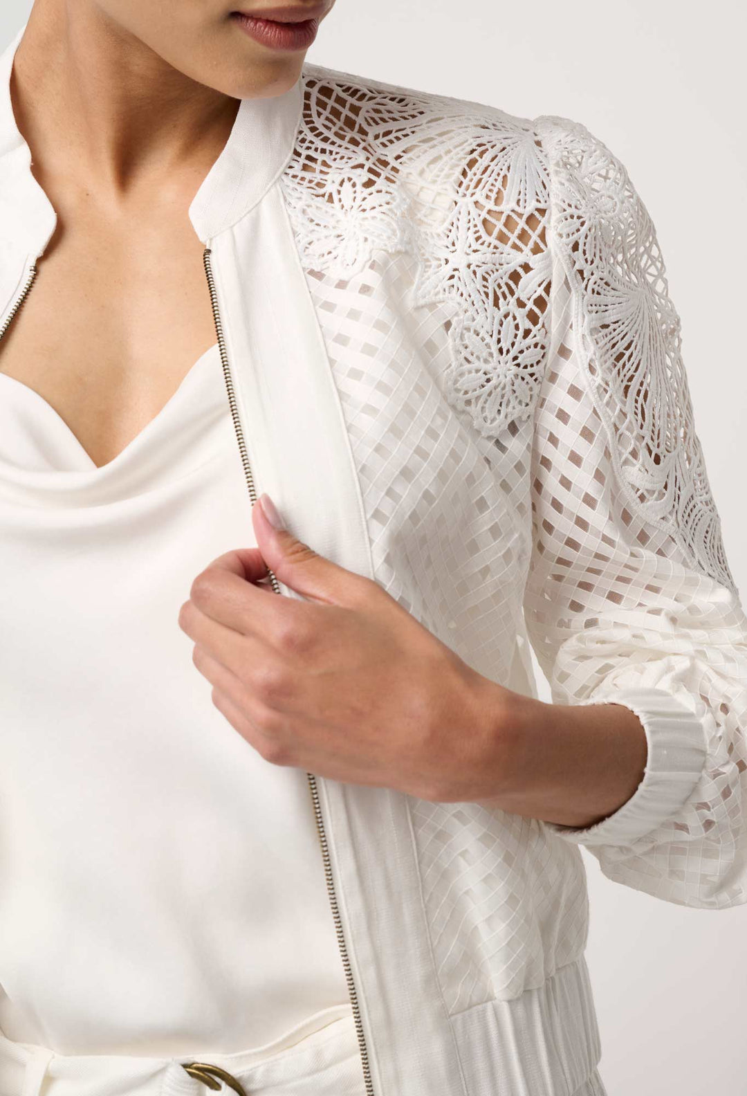 Selena Cotton Silk Bomber Jacket in Ivory
