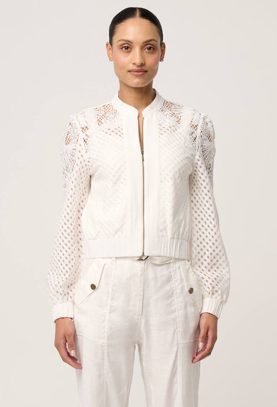 Selena Cotton Silk Bomber Jacket in Ivory