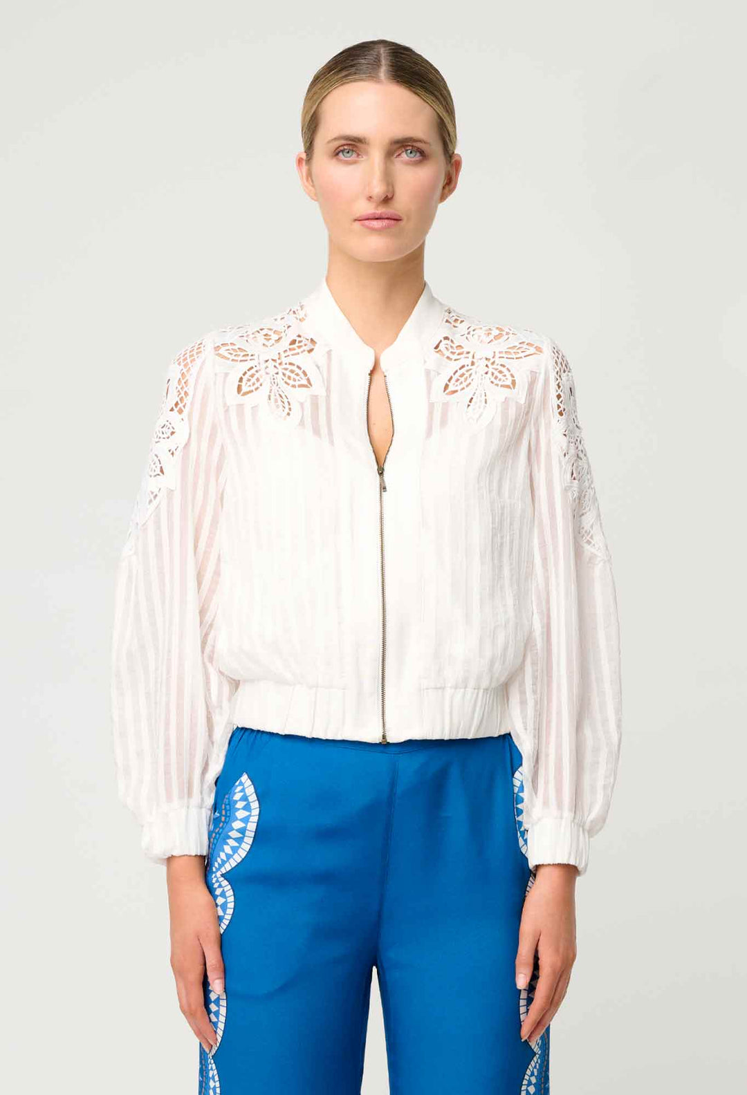 OnceWas Lamia Tencel Lace Detail Bomber in Ivory