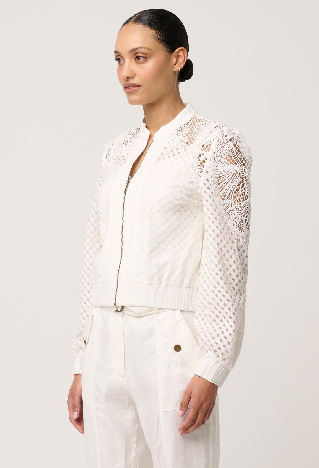 Selena Cotton Silk Bomber Jacket in Ivory