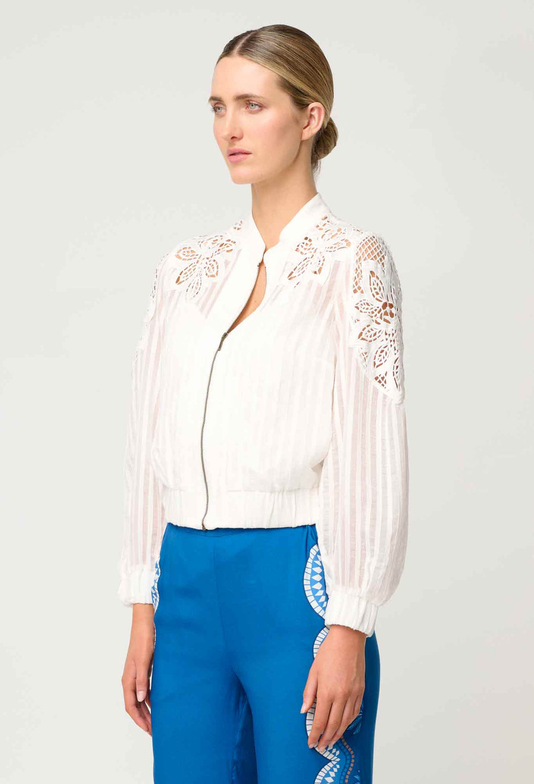 OnceWas Lamia Tencel Lace Detail Bomber in Ivory