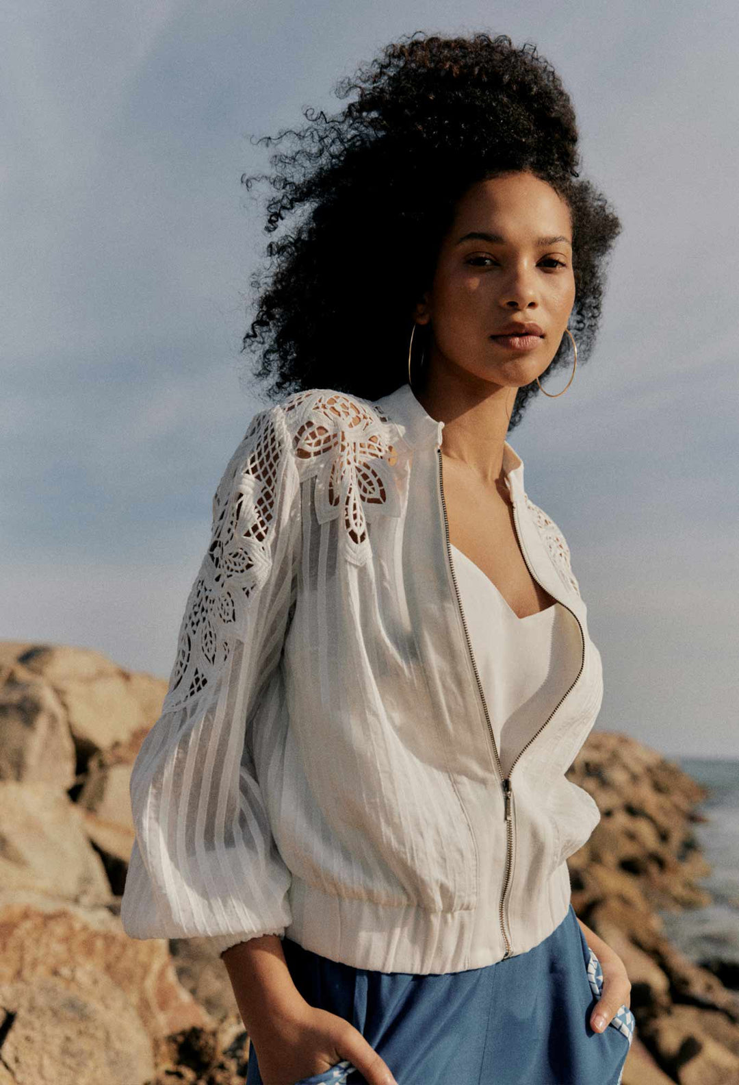 OnceWas Lamia Tencel Lace Detail Bomber in Ivory