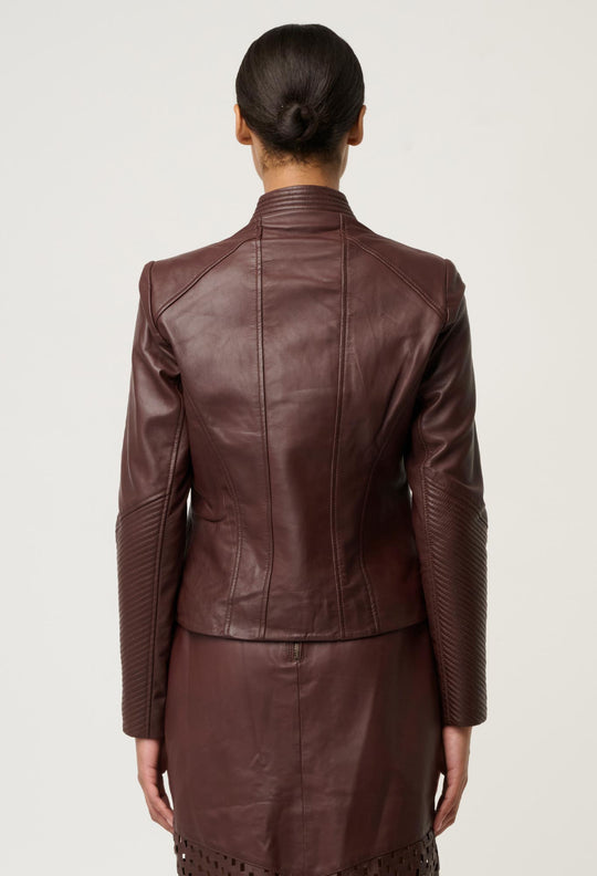 OnceWas Acer Leather Shawl Collar Detail Jacket in Oxblood