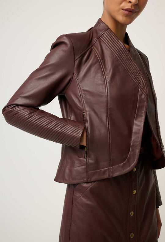 OnceWas Acer Leather Shawl Collar Detail Jacket in Oxblood