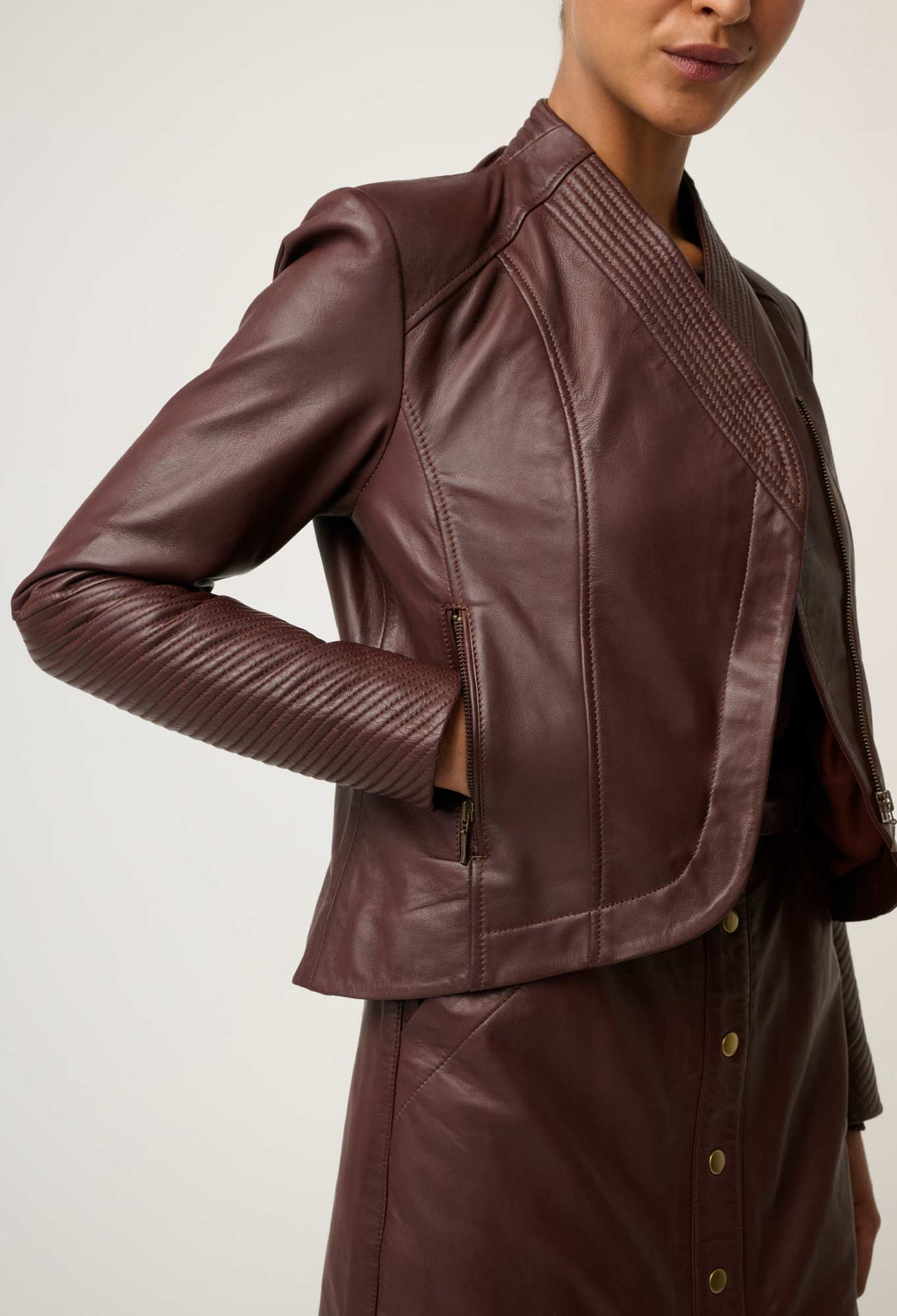UNDER 5'4 Acer Leather Shawl Collar Detail Jacket in Oxblood