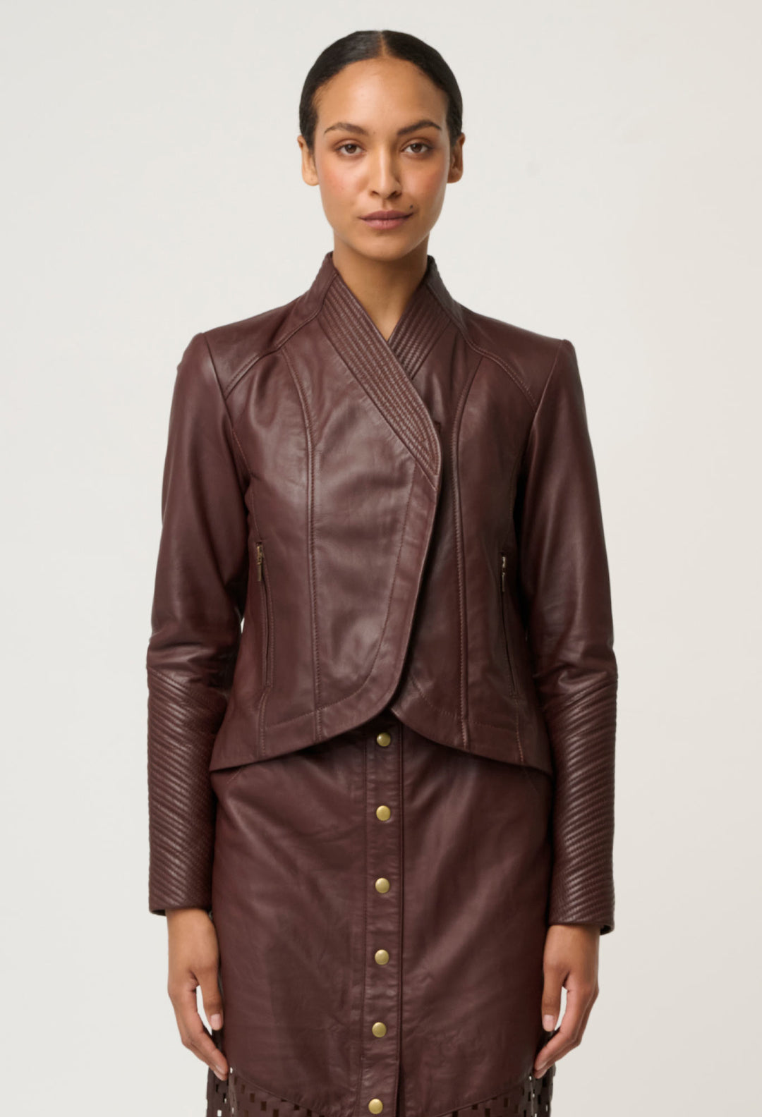 OnceWas Acer Leather Shawl Collar Detail Jacket in Oxblood