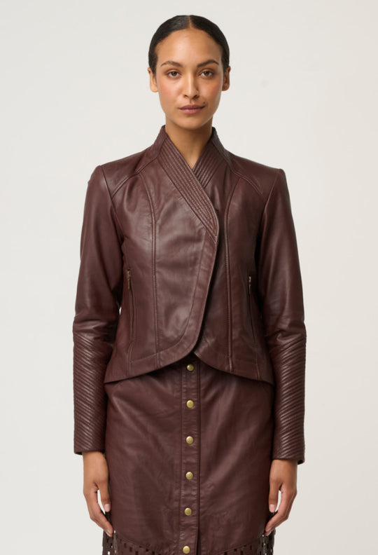 OnceWas Acer Leather Shawl Collar Detail Jacket in Oxblood