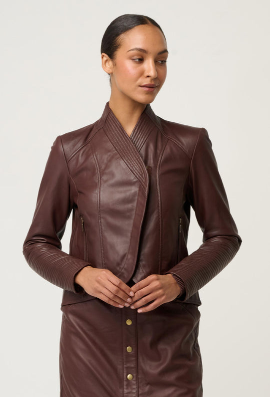 OnceWas Acer Leather Shawl Collar Detail Jacket in Oxblood