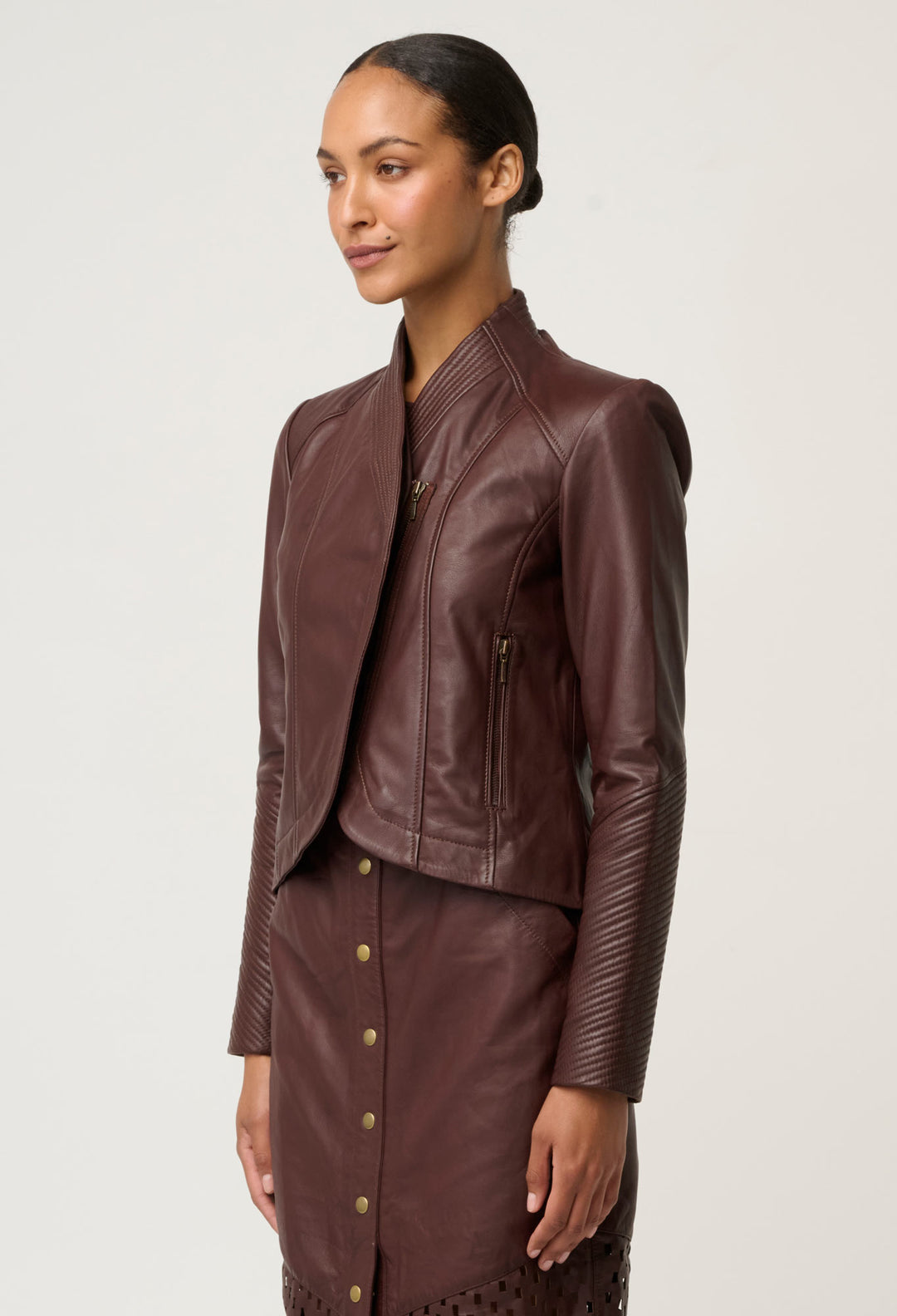 OnceWas Acer Leather Shawl Collar Detail Jacket in Oxblood