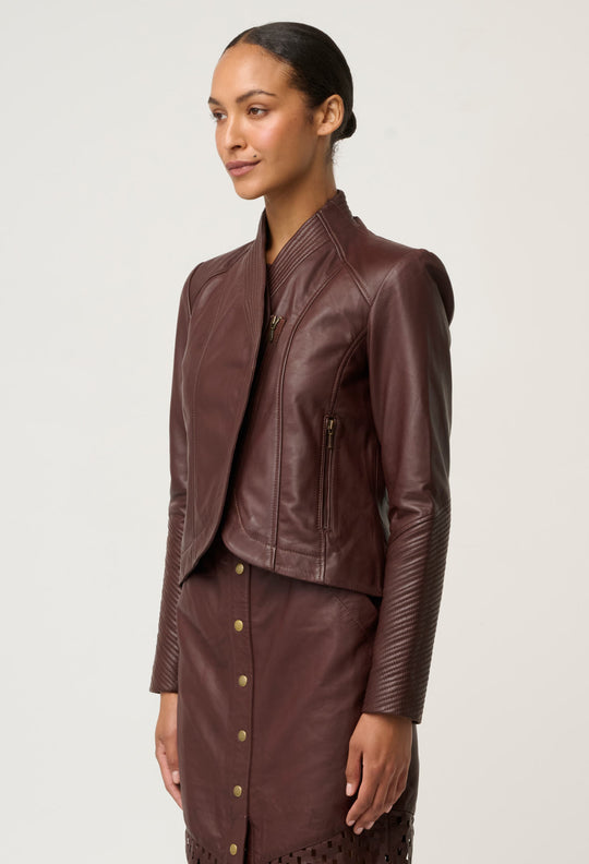 OnceWas Acer Leather Shawl Collar Detail Jacket in Oxblood