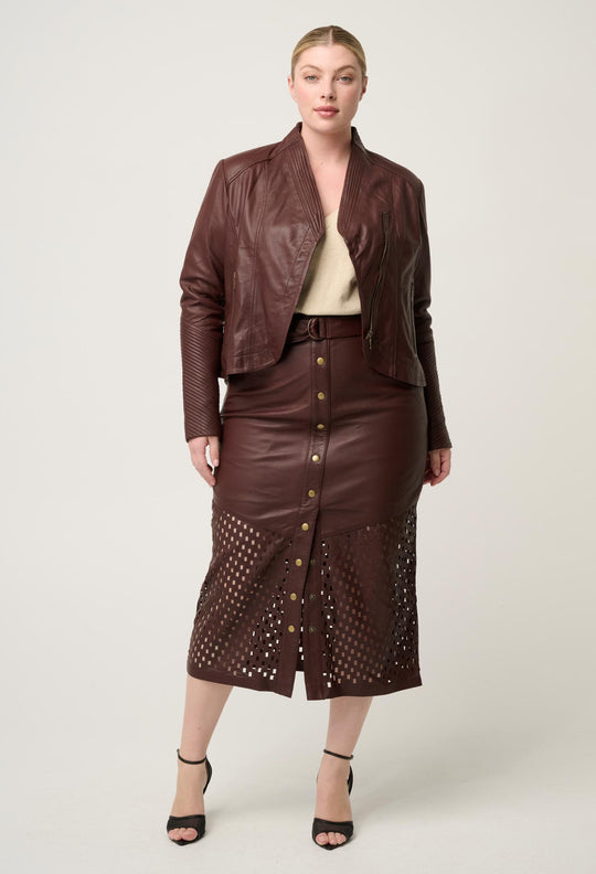 OnceWas Acer Leather Shawl Collar Detail Jacket in Oxblood