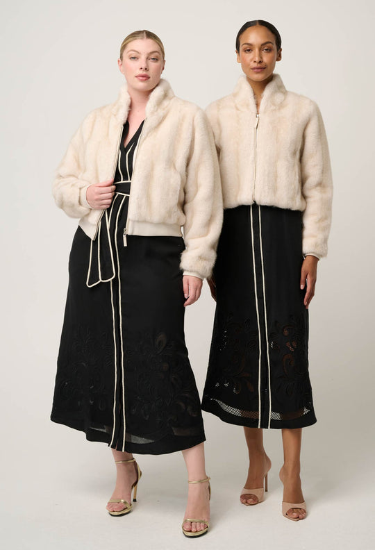 Chrysta Faux Fur Rib Detail Bomber in Porcelain