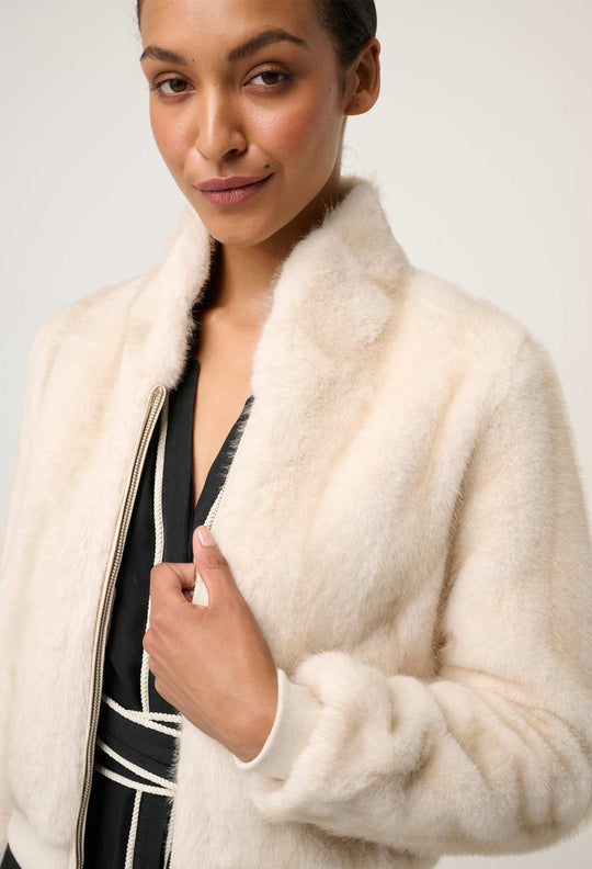 Chrysta Faux Fur Rib Detail Bomber in Porcelain