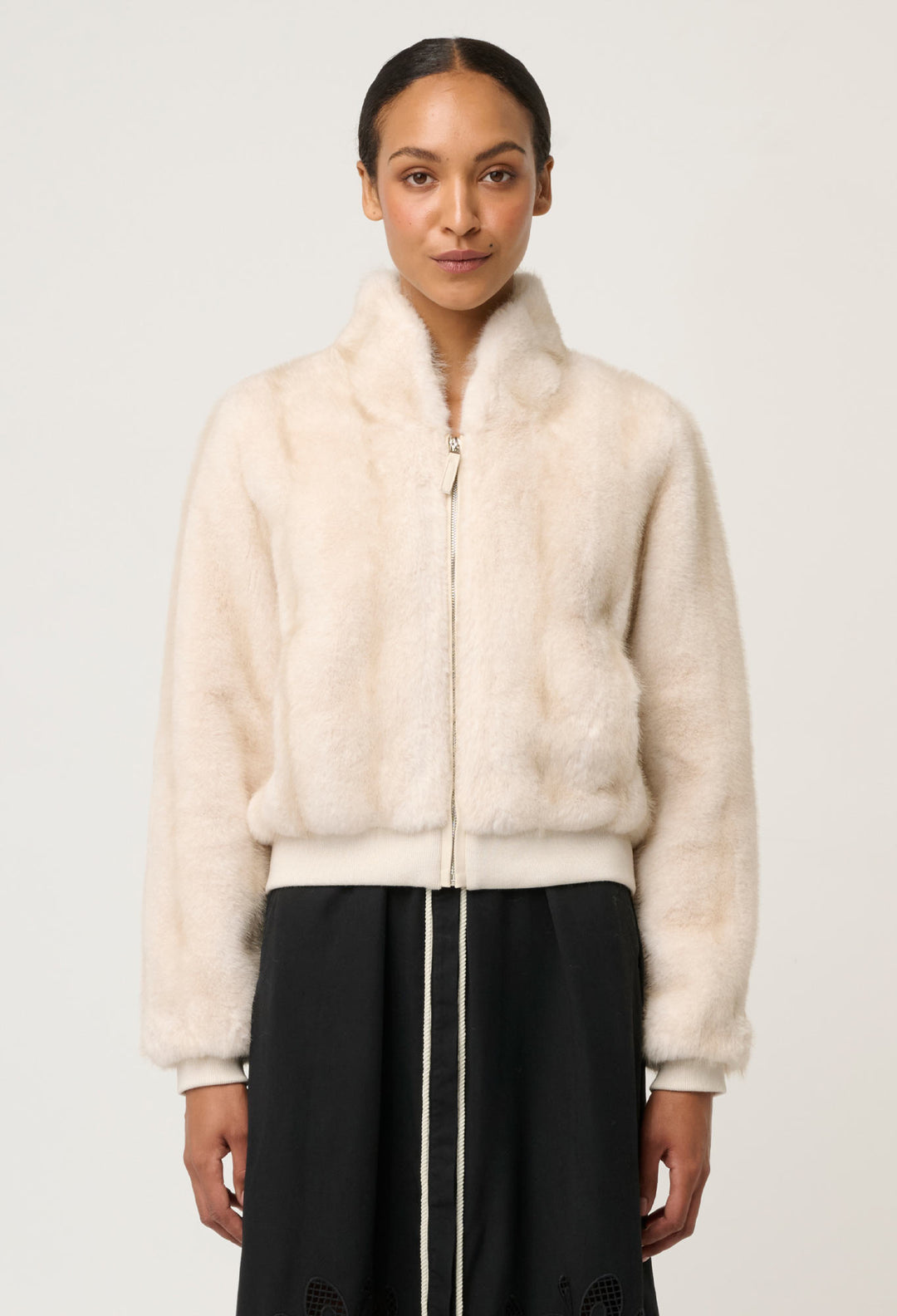 Chrysta Faux Fur Rib Detail Bomber in Porcelain