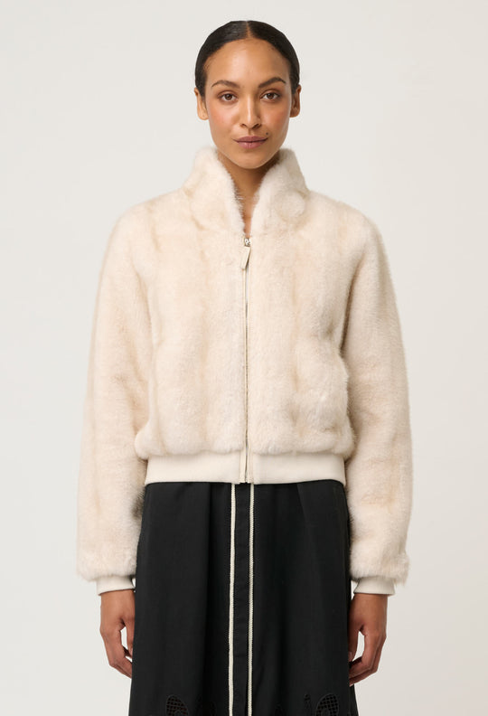 Chrysta Faux Fur Rib Detail Bomber in Porcelain