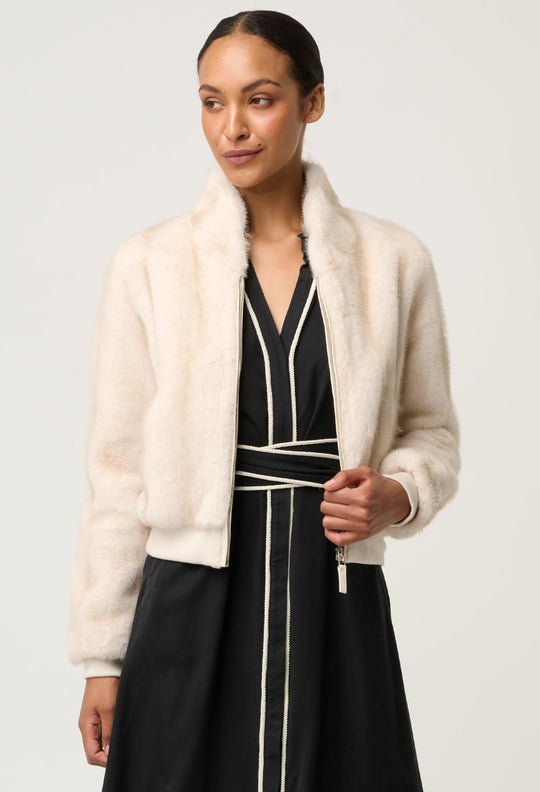 Chrysta Faux Fur Rib Detail Bomber in Porcelain