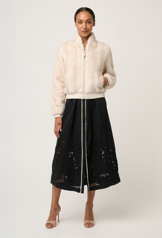 Chrysta Faux Fur Rib Detail Bomber in Porcelain