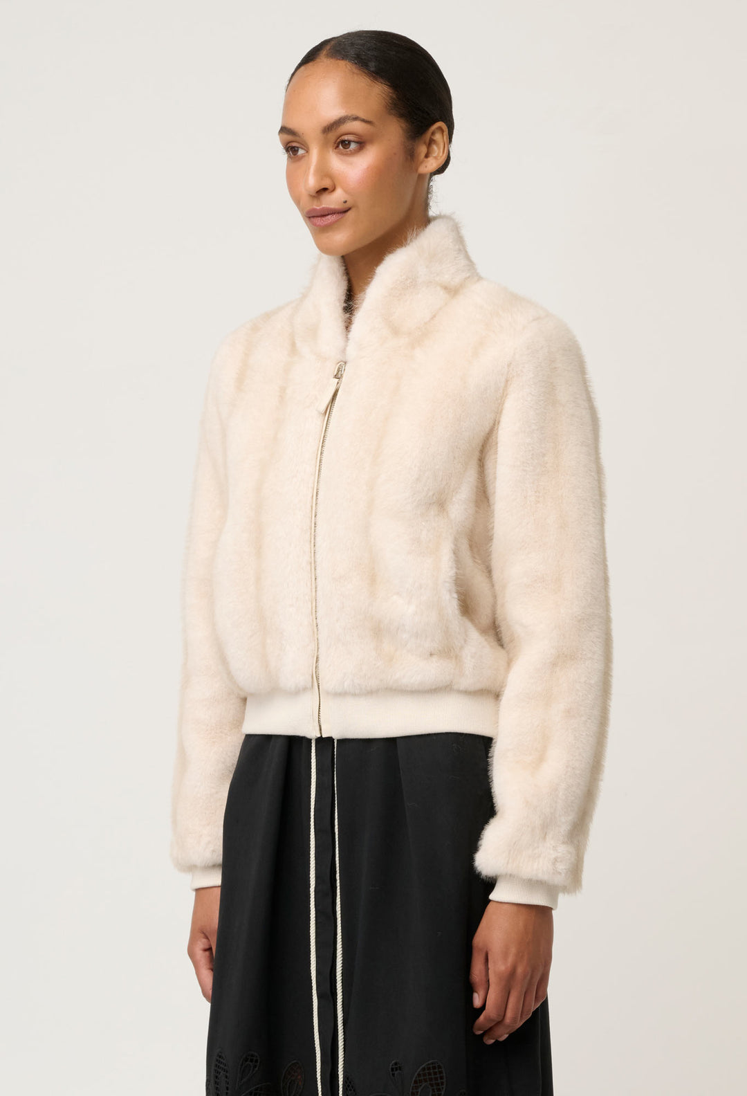 Chrysta Faux Fur Rib Detail Bomber in Porcelain
