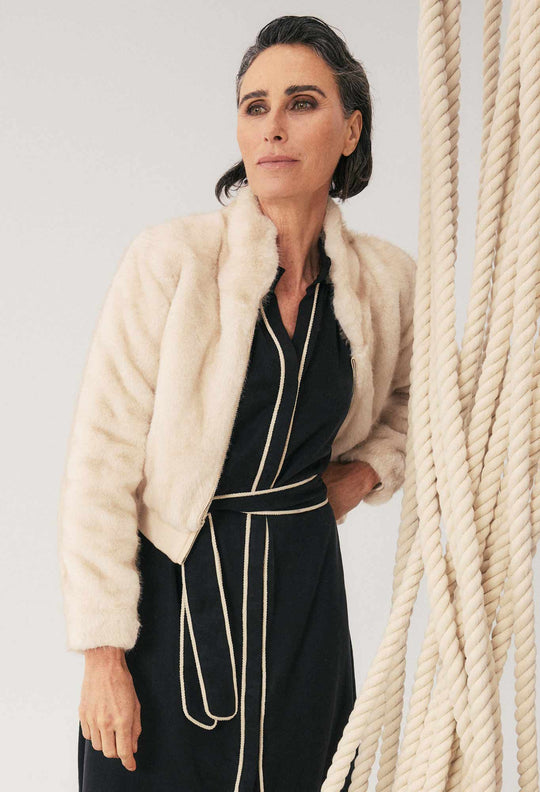 Chrysta Faux Fur Rib Detail Bomber in Porcelain