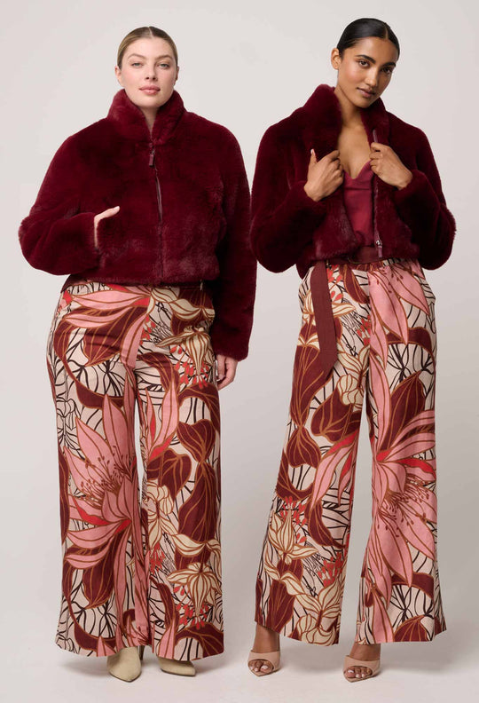 OnceWas Dawn Faux Fur Cropped Jacket in Bordeaux