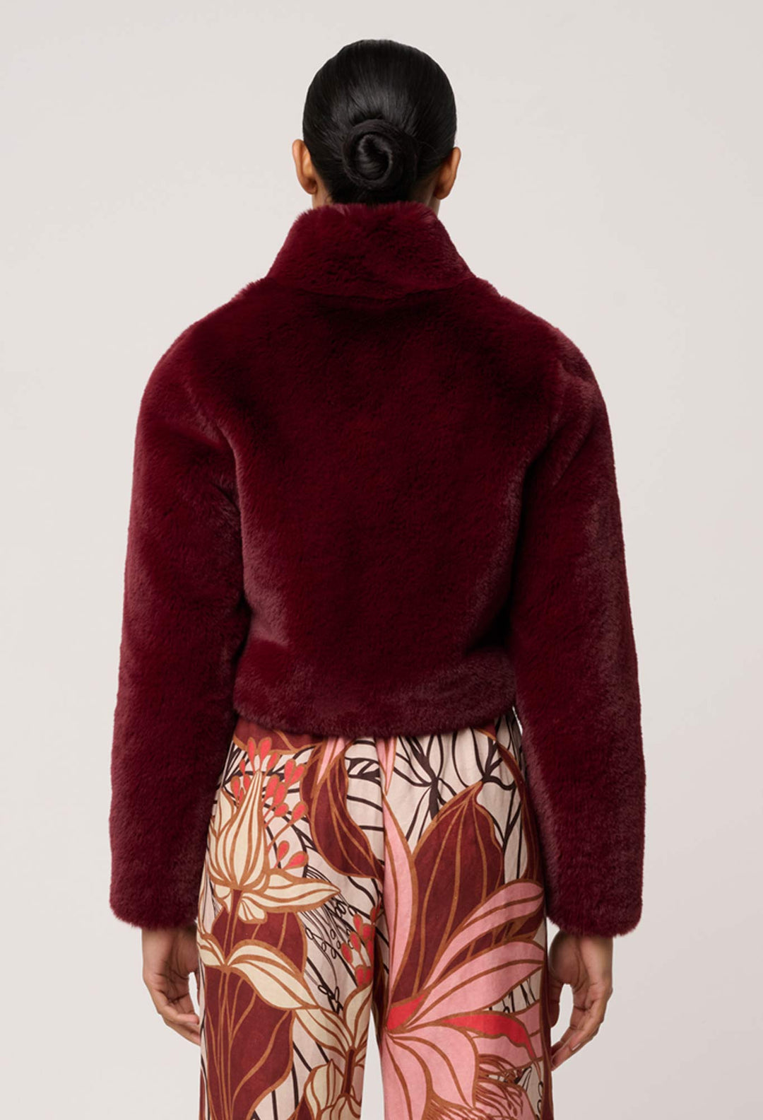 OnceWas Dawn Faux Fur Cropped Jacket in Bordeaux