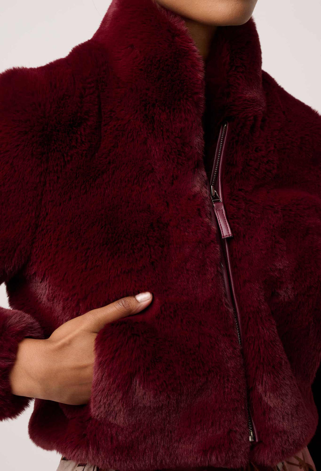 OnceWas Dawn Faux Fur Cropped Jacket in Bordeaux