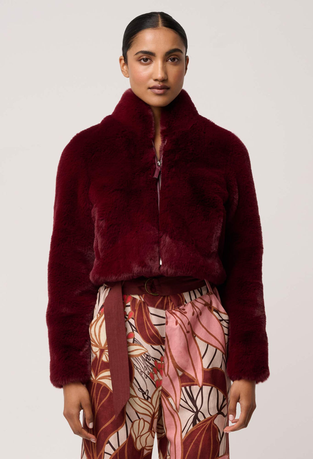 OnceWas Dawn Faux Fur Cropped Jacket in Bordeaux