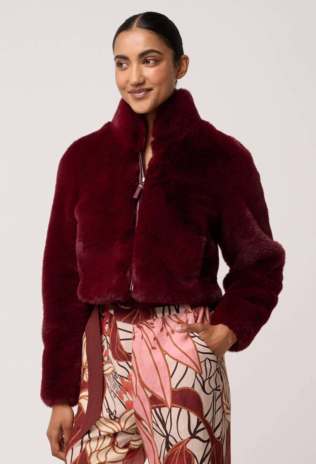 OnceWas Dawn Faux Fur Cropped Jacket in Bordeaux
