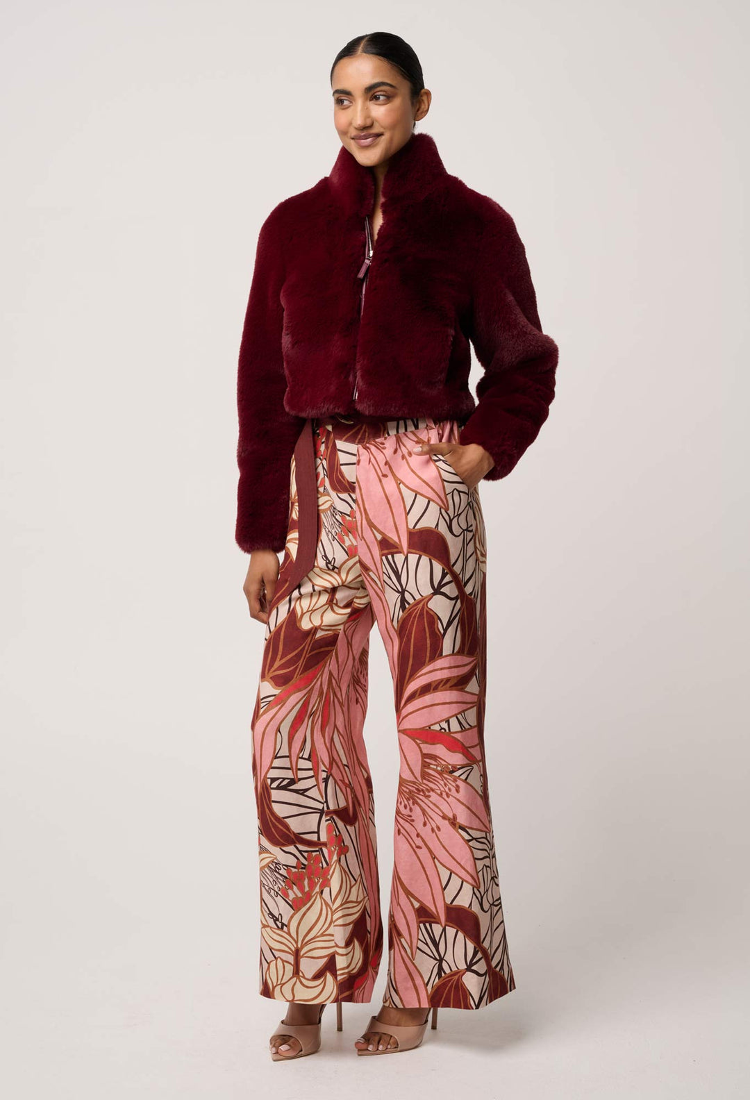 OnceWas Dawn Faux Fur Cropped Jacket in Bordeaux