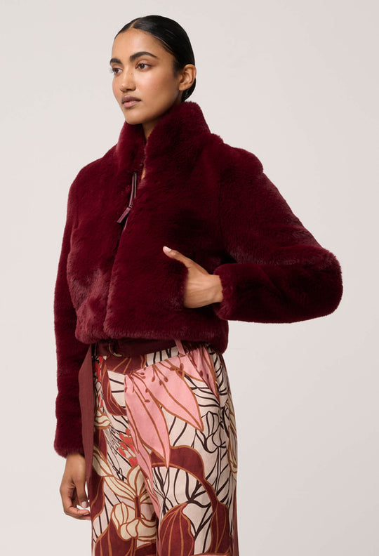 OnceWas Dawn Faux Fur Cropped Jacket in Bordeaux