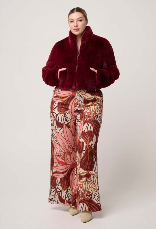 OnceWas Dawn Faux Fur Cropped Jacket in Bordeaux