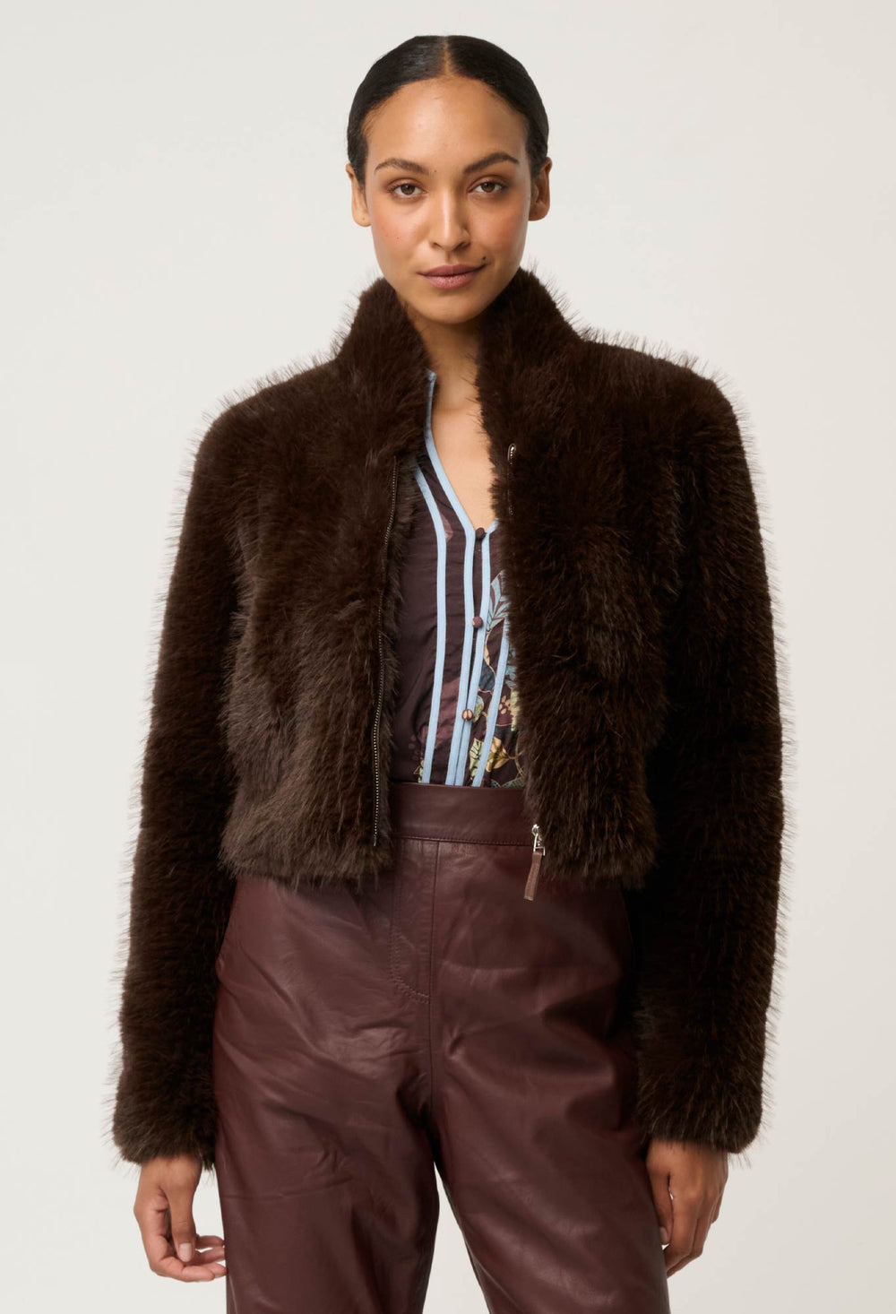 OnceWas Dawn Faux Fur Cropped Jacket in Walnut