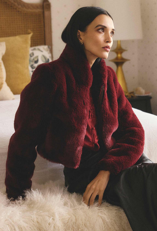 OnceWas Dawn Faux Fur Cropped Jacket in Bordeaux