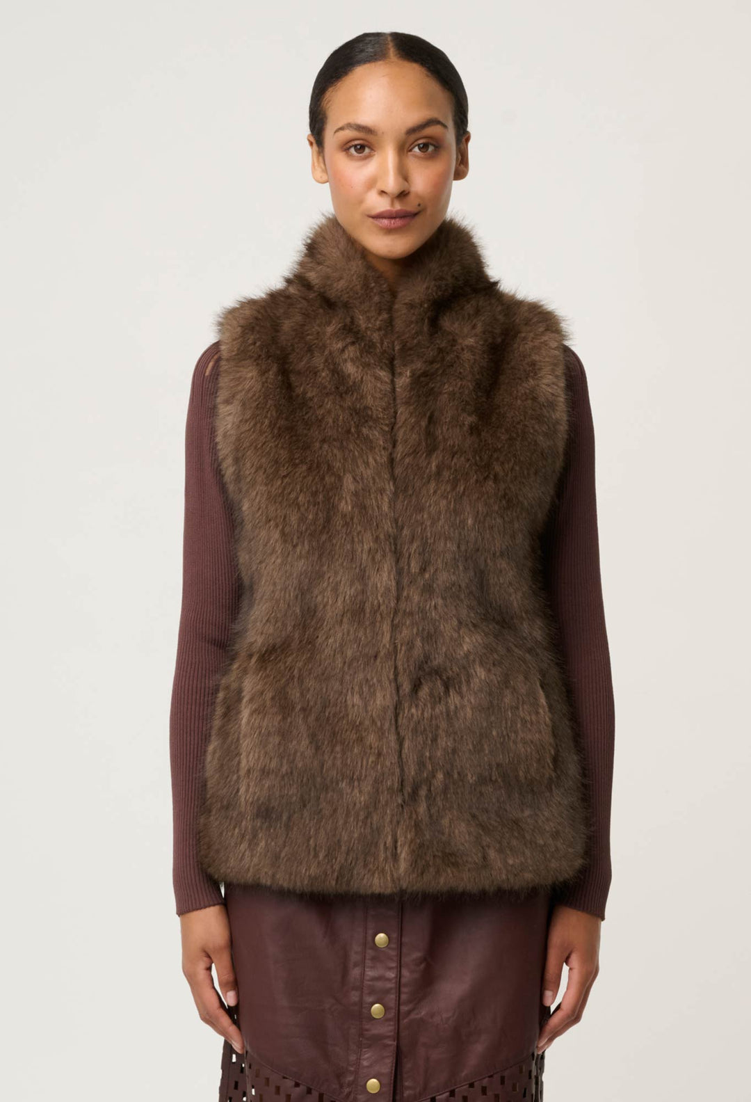 OnceWas Hazel Faux Fur Vest in Walnut