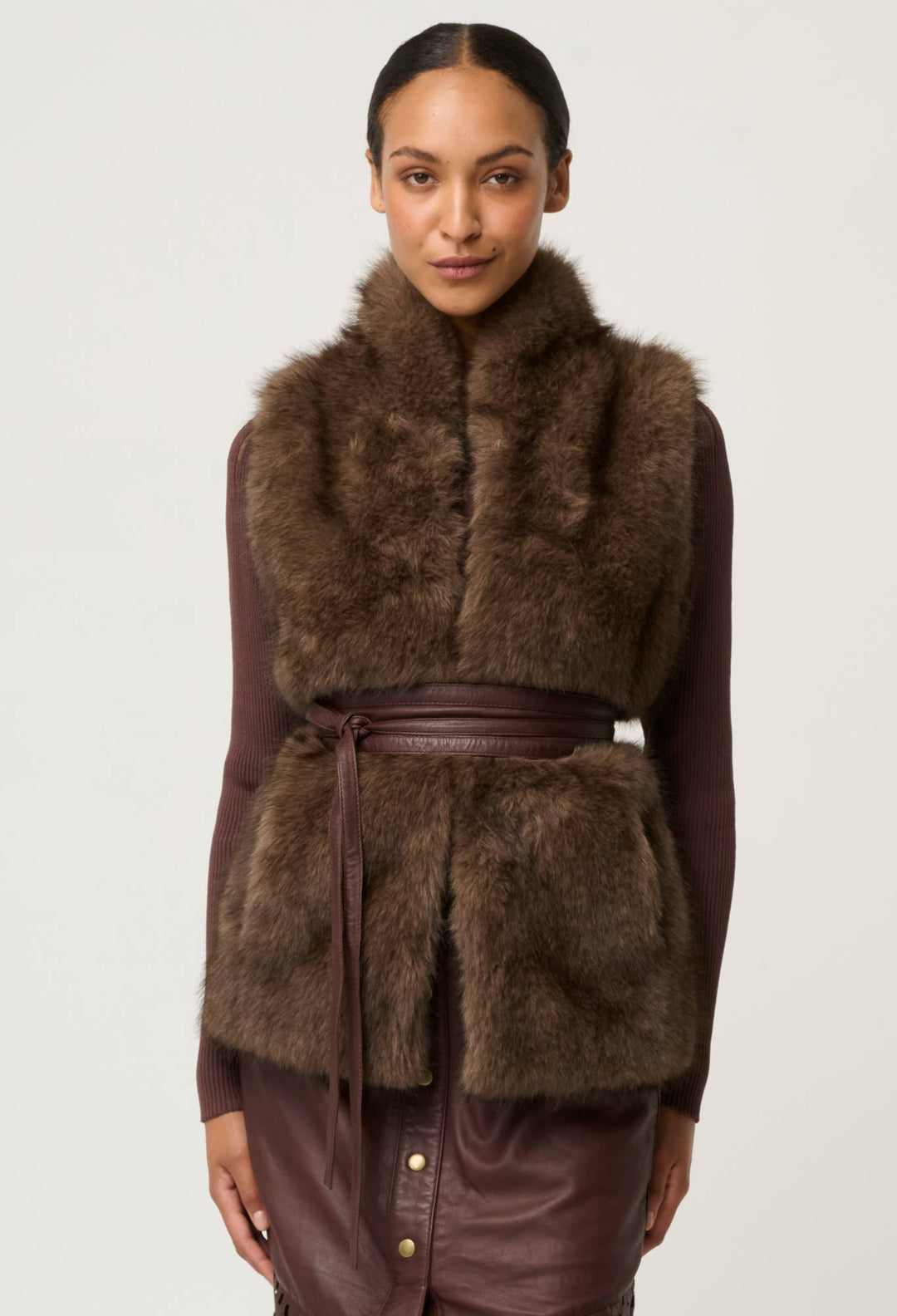 OnceWas Hazel Faux Fur Vest in Walnut
