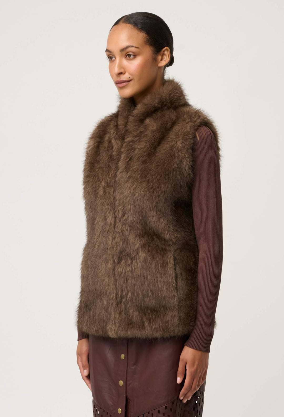 OnceWas Hazel Faux Fur Vest in Walnut