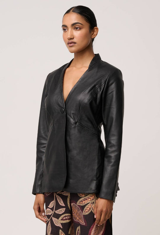OnceWas Calypso Genuine Leather Panelled Blazer in Black