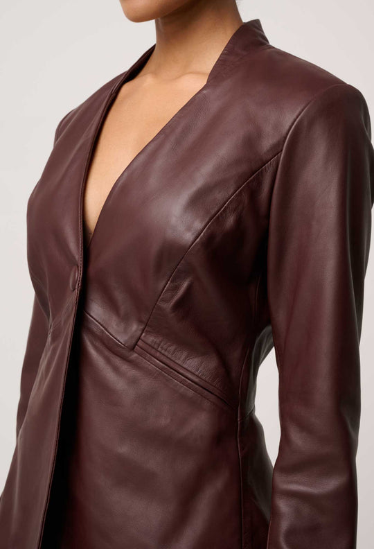 OnceWas Calypso Genuine Leather Panelled Blazer in Oxblood
