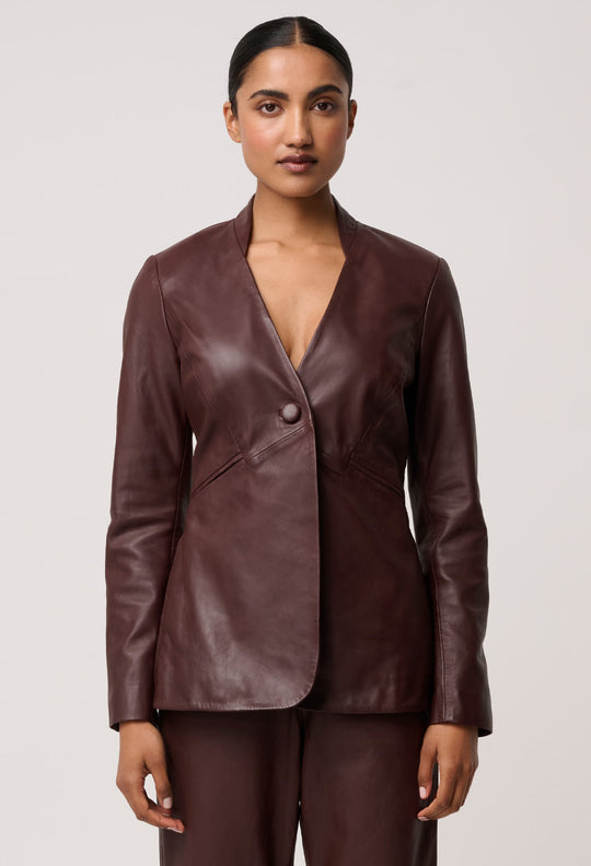 OnceWas Calypso Genuine Leather Panelled Blazer in Oxblood
