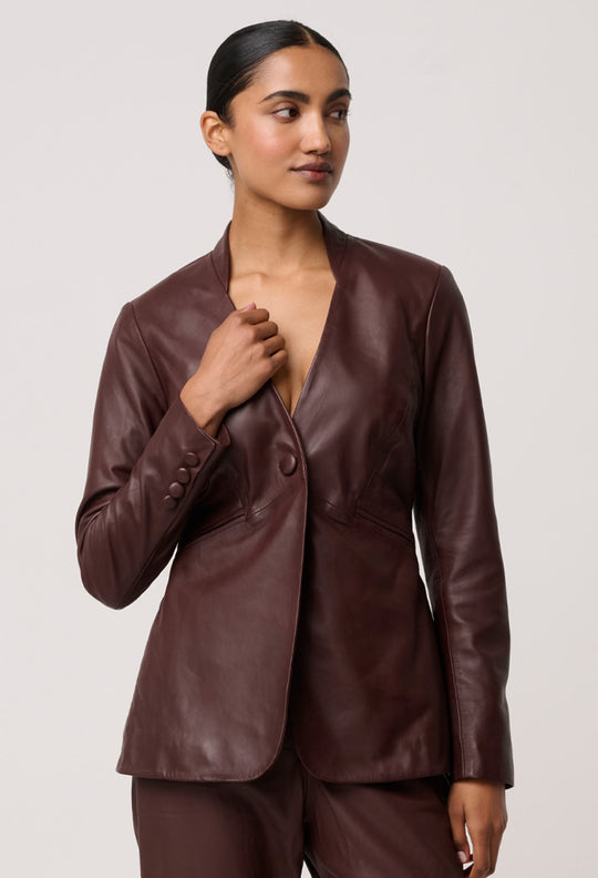 OnceWas Calypso Genuine Leather Panelled Blazer in Oxblood