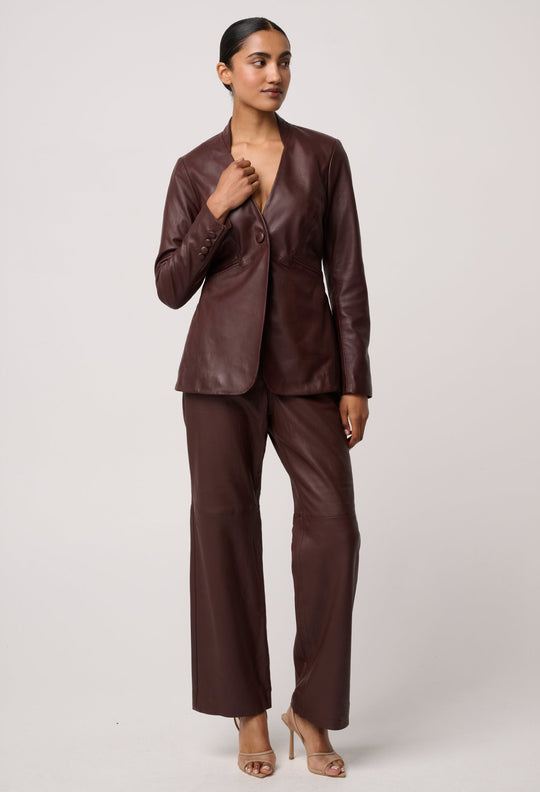 OnceWas Calypso Genuine Leather Panelled Blazer in Oxblood