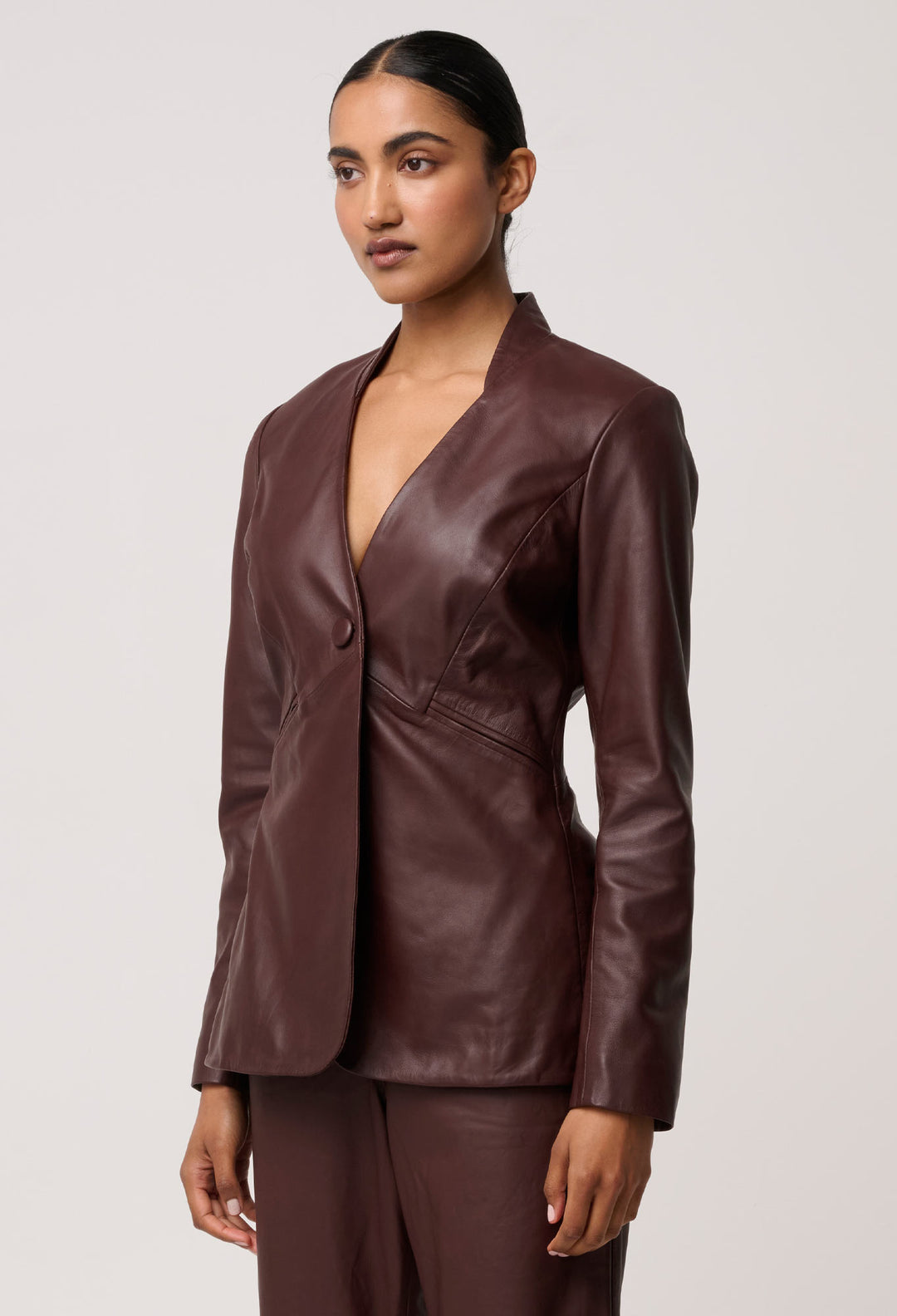 OnceWas Calypso Genuine Leather Panelled Blazer in Oxblood