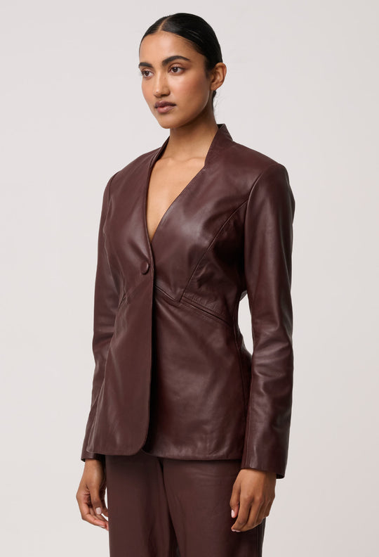 OnceWas Calypso Genuine Leather Panelled Blazer in Oxblood
